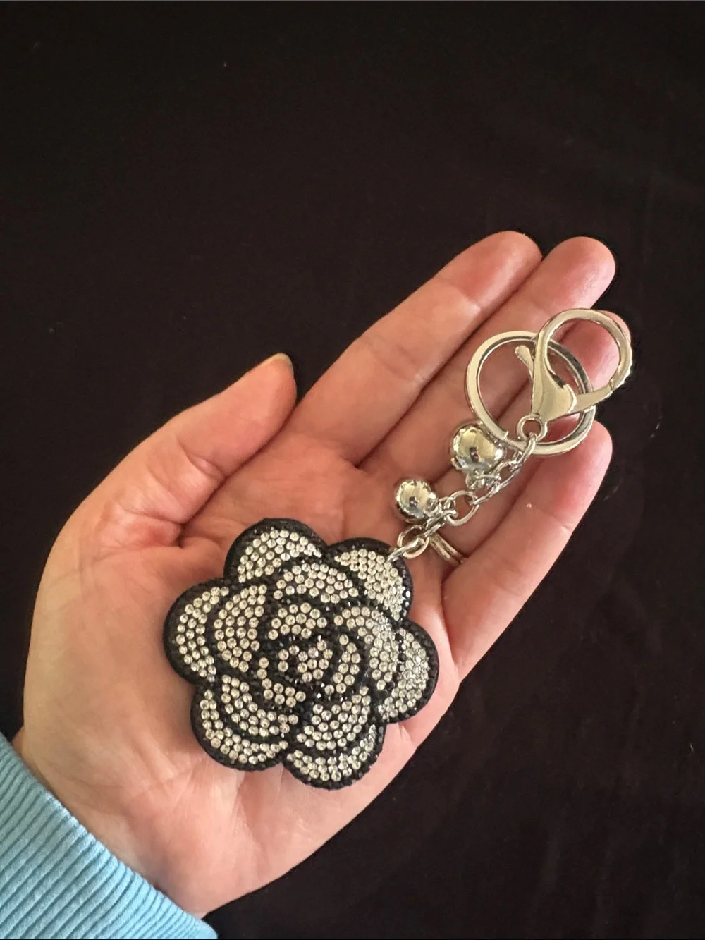 Rhinestone Floral Puffy Keychain Bag Charm - Silver and Black
